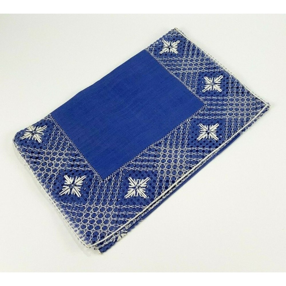 Vintage European Blue White Geometric Lace Border Short Table Runner 36" x 14"